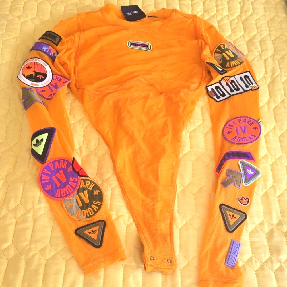 Adidas Ivy Park "Parktrail" Bright Orange Patchwork Mesh Long Sleeve Bodysuit